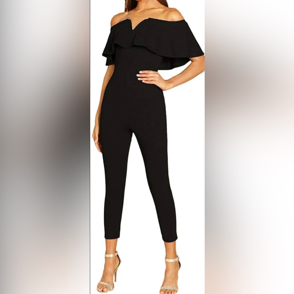 Plus Size Black Verdusa Stretch Off Shoulder Ruffle High Waist pants jumpsuit.
